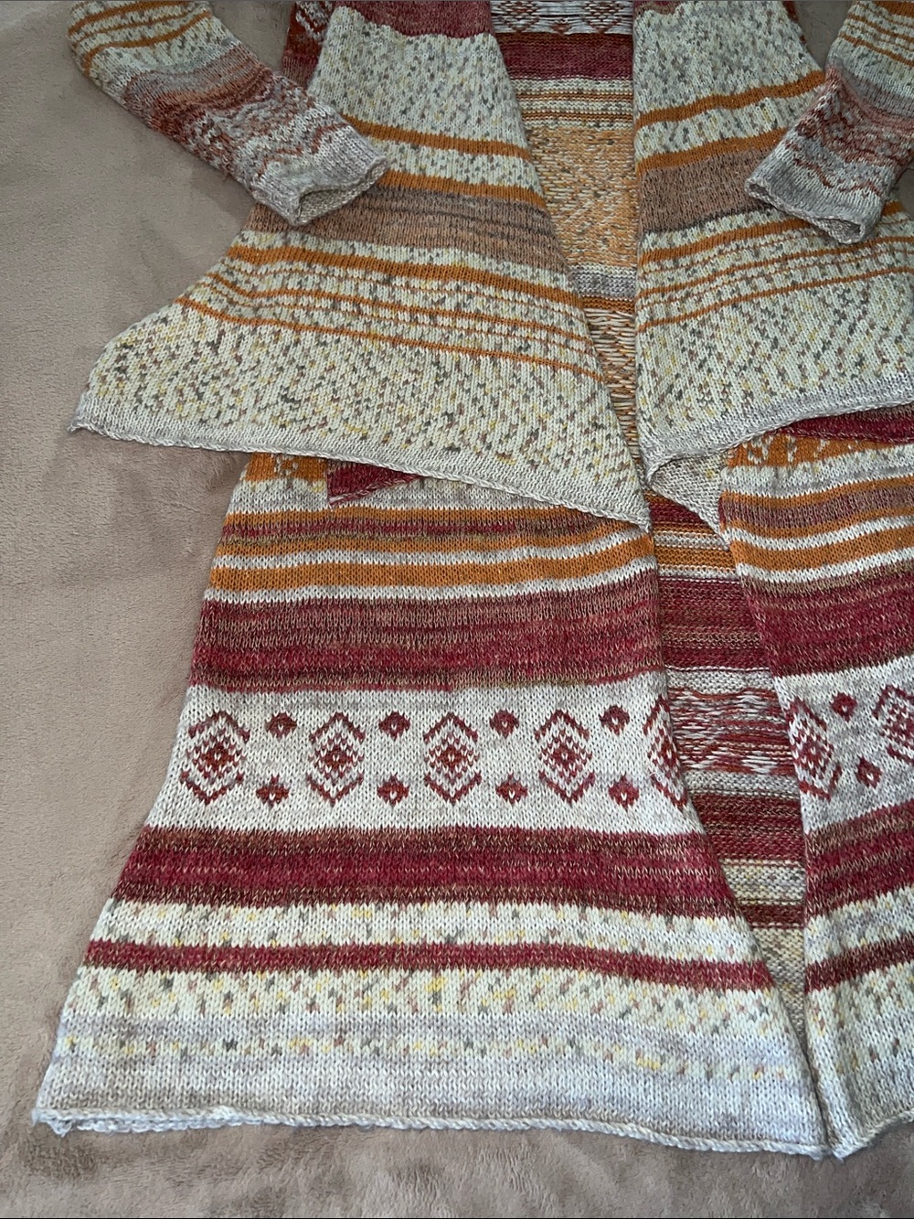 Free People Striped Open Maxi Cardigan Duster in Cream, Rust, Orange Wool Blend - Picture 6 of 12